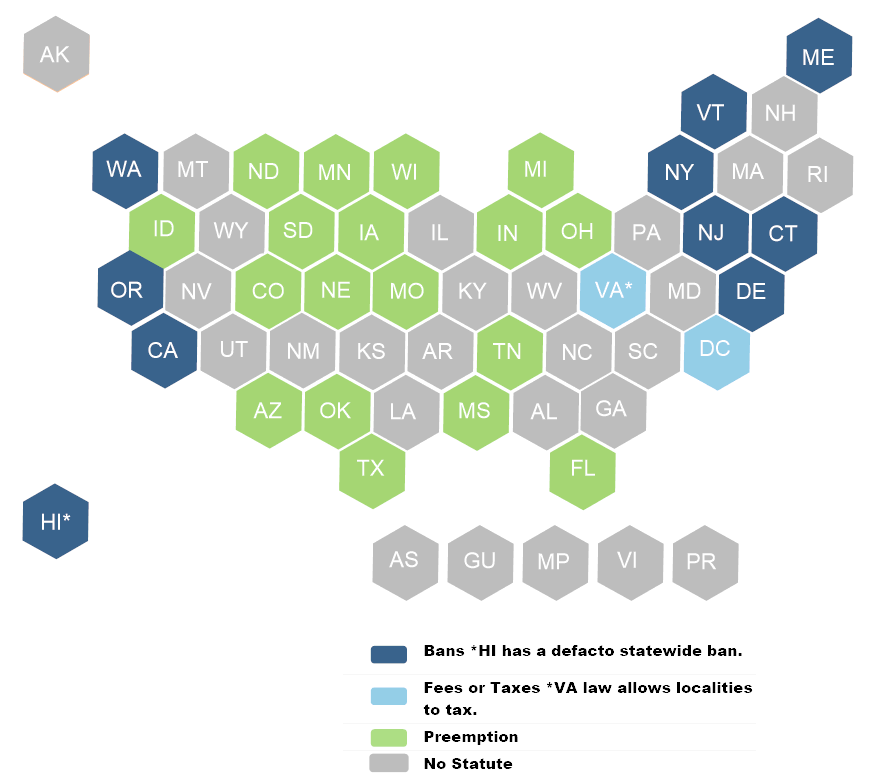 US map showing states with plastic bag legislation.
