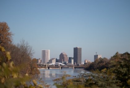Skyline of the City of Rochester on a cloudless fall day