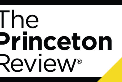 logo of The Princeton Review in black and white with yellow detail.