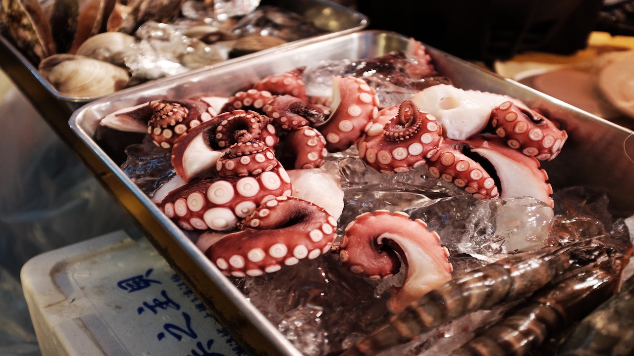 Tray of octopus tentacles on bed of ice