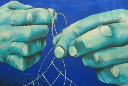 painting of hands close up and mending with thread