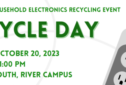graphic that includes details for E-Cycle Day on Friday, October 20, 6:30 AM - 1:00 PM in Zone 3 South parking lot at the University of Rochester