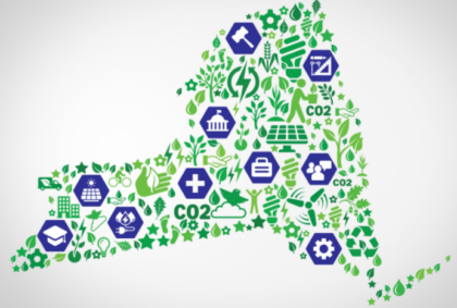 image is a digital design of new york state with different sustainability and health care related symbols filling in the state outline