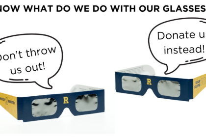 image of two eclipse glasses with talking bubbles that say "dont throw us out" and "donate us instead"